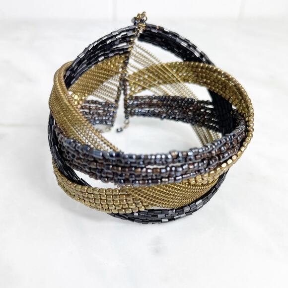 Metallic Tones Criss Cross Beaded Cuff Bracelet - Picture 3 of 6